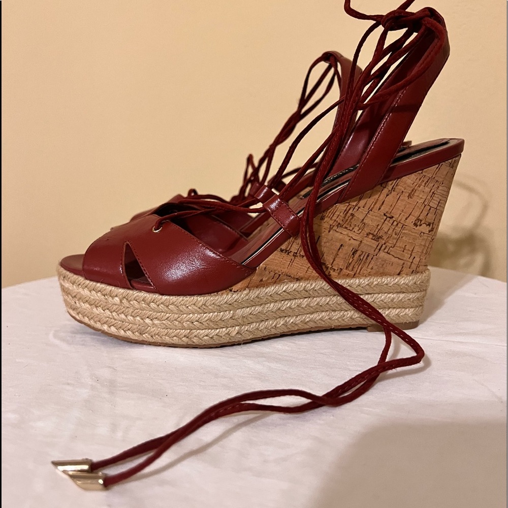 White House Black Market- Saffron Rust color wedge sandal- Fun straps. Sexy!